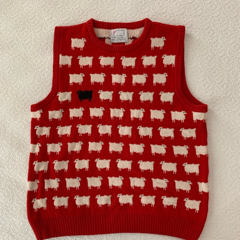 Iconic Warm & Wonderful X Rowing Blazers Sheep Sweater Vest in Diana Red, XL.